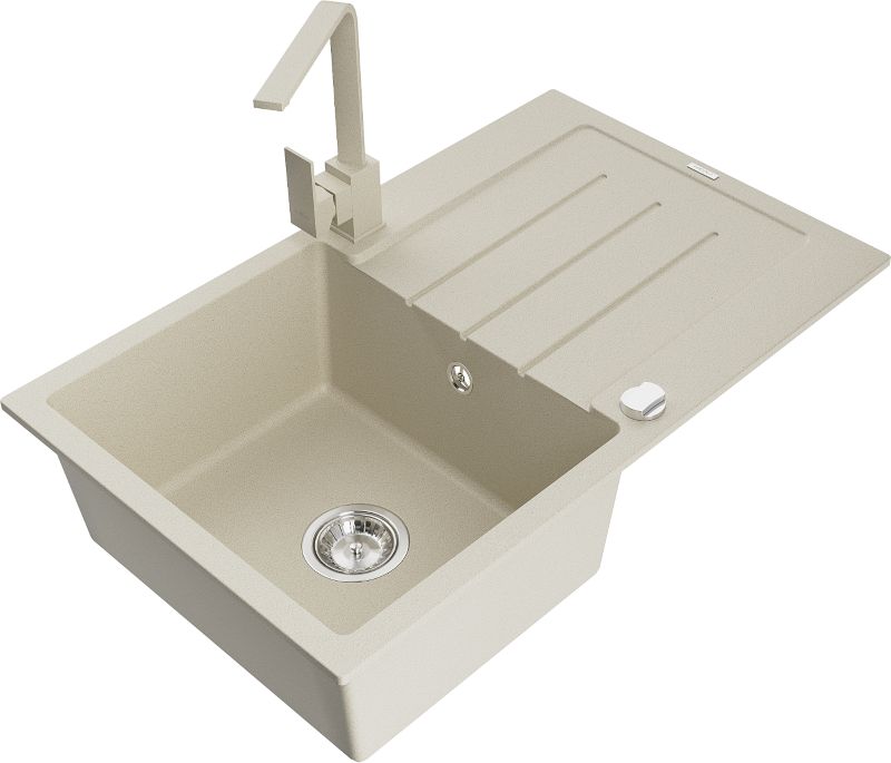 Zlewozmywak granitowy Mexen Bruno 1-komorowy z ociekaczem i baterią kuchenną Rita beżowy - 6513-69-670300-00 1 szt.