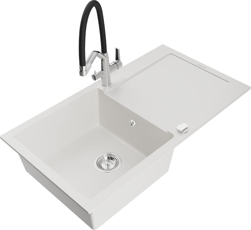 Zlewozmywak granitowy Mexen Leo 1-komorowy z ociekaczem i baterią kuchenną Duo biały - 6501-20-671701-57-G 1 szt.