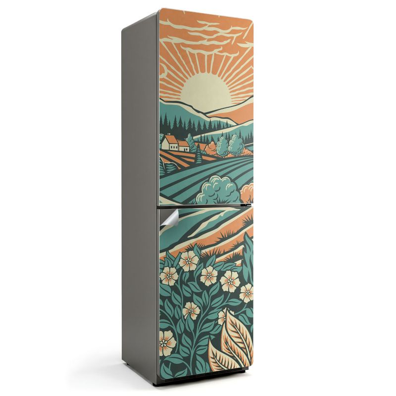 Ochronna naklejka na lodówkę Wallfluent 60x205 cm Ilustracja łąki wschód słońca 1 szt.