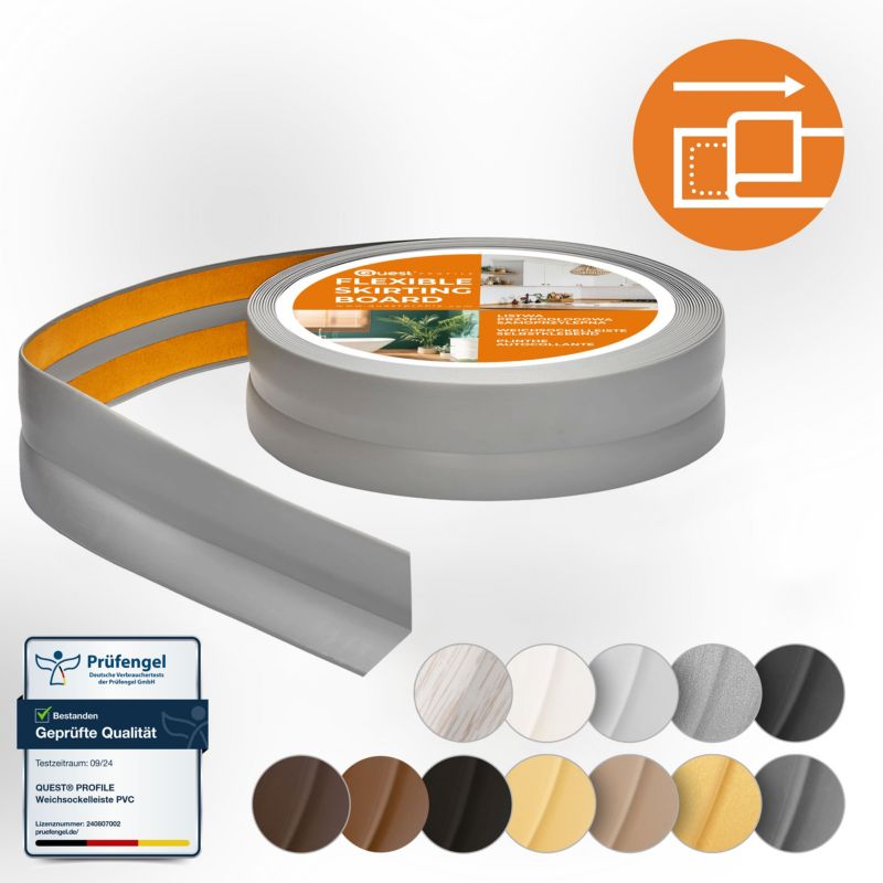 Listwa wykończeniowa PCV 15x15mm, QUEST, samoprzylepna, elastyczna, miękka taśma dekoracyjna, szary, 15m