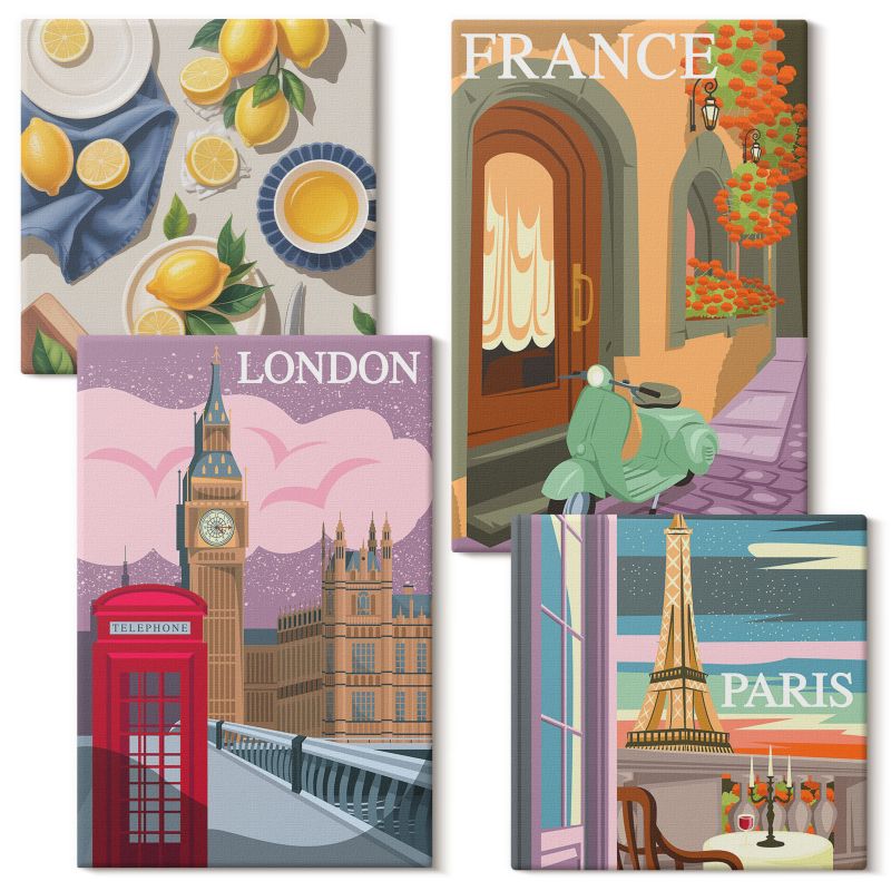 Komplet Obrazów Na Płótnie Wallfluent Widoki Paryż Londyn retro 4 szt.