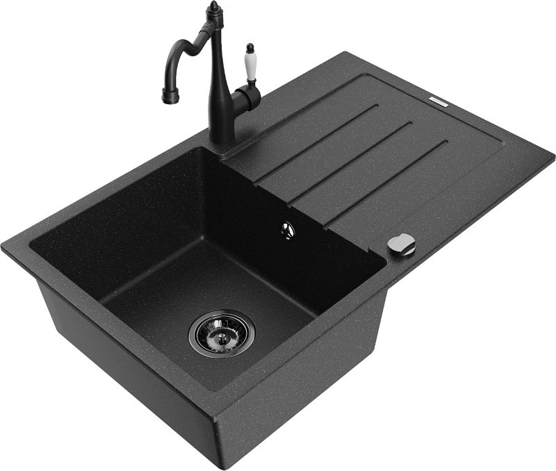 Zlewozmywak granitowy Mexen Bruno 1-komorowy z ociekaczem i baterią kuchenną Carla czarny/srebrny 6513-73-670700-70-B