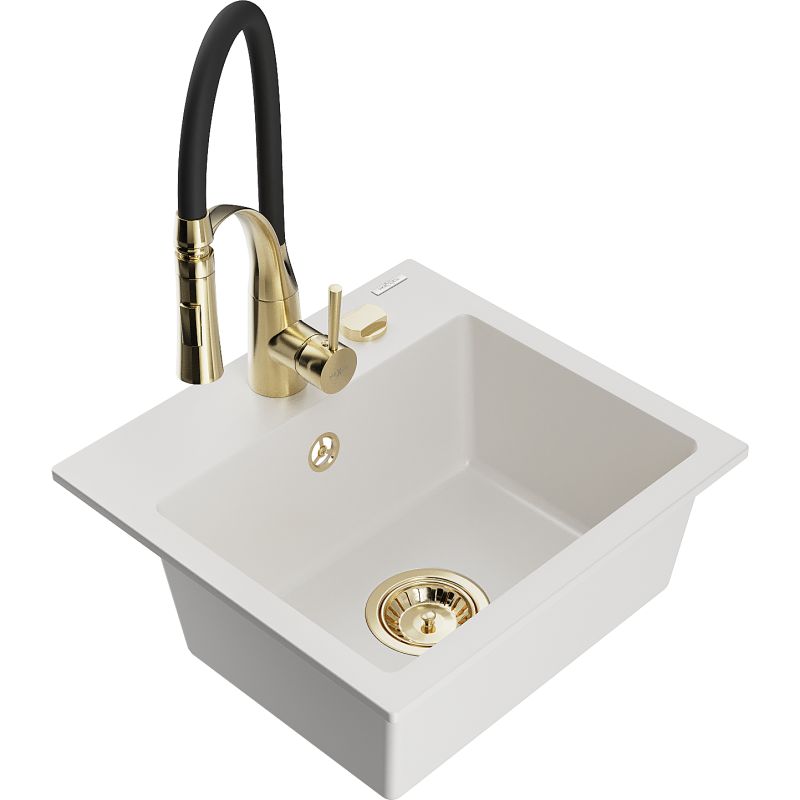 Zlewozmywak granitowy 1-komorowy Mexen Milo z baterią kuchenną Aster biały 6505-20-73450-57-G