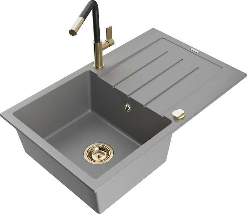 Zlewozmywak granitowy Mexen Bruno 1-komorowy z ociekaczem i baterią kuchenną Flora szary 6513-71-670401-57-G