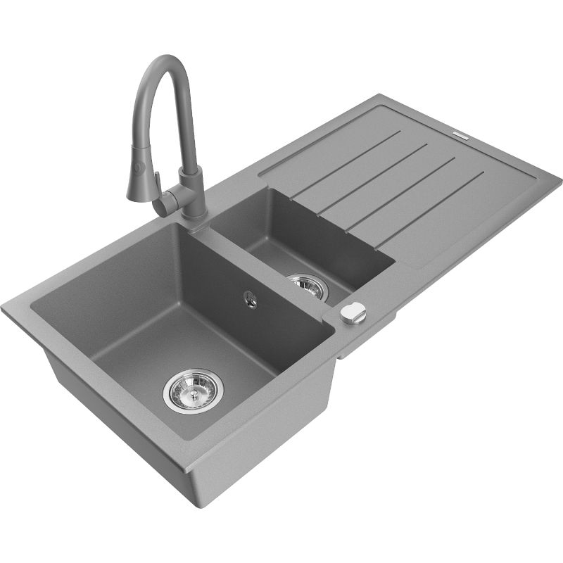 Zlewozmywak granitowy 1.5-komorowy Mexen Andres z ociekaczem i baterią kuchenną Flora czarny - 6515-77-670401-07 1 szt.