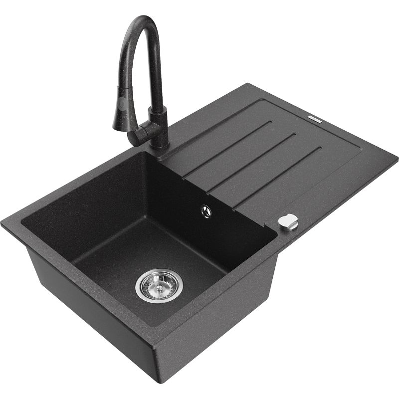 Zlewozmywak granitowy 1-komorowy Mexen Bruno z ociekaczem i baterią kuchenną Elia czarny/złoty metalik - 6513-75-670101-70 1 szt.