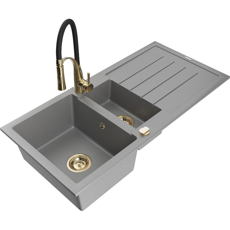 Zlewozmywak granitowy 1.5-komorowy Mexen Andres z ociekaczem i baterią kuchenną Aster szary 6515-71-73450-57-G