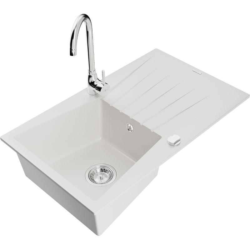 Zlewozmywak granitowy 1-komorowy Mexen Cesar z ociekaczem i baterią kuchenną Telma biały 6514-20-670200-00