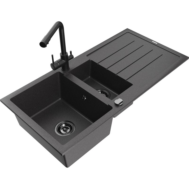 Zlewozmywak granitowy 1.5-komorowy Mexen Andres z ociekaczem i baterią kuchenną Duero czarny nakrapiany 6515-76-671600-70-B