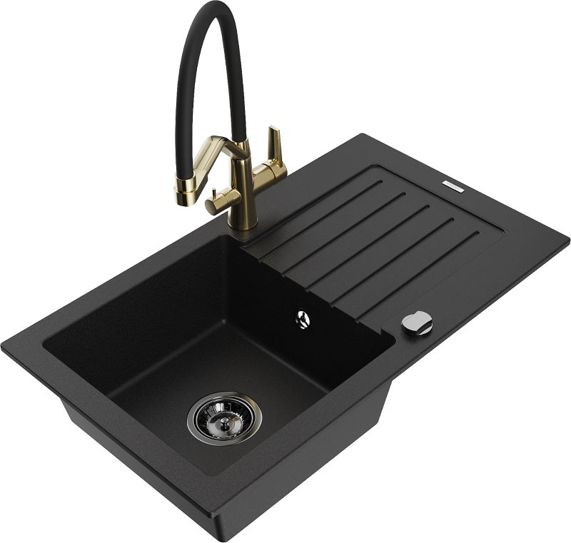 Zlewozmywak granitowy Mexen Pablo 1-komorowy z ociekaczem i baterią kuchenną Duo czarny/srebrny - 6510-73-671701-57-B 1 szt.
