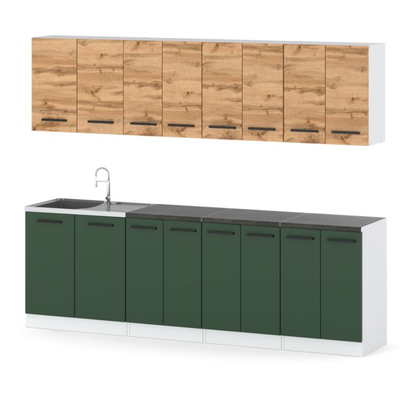 Zestaw Kuchenny Hurtownia-Mebli Z Blatem Kuchnia Vero 260cm Biały Mat Dąb Wotan/Butelkowa Zieleń 260x47x145 cm 1szt.