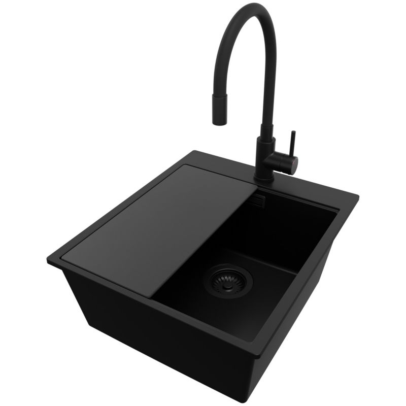 Zlewozmywak Granitowy Oslo PRIMAGRAN Nablatowy 43x50cm do szafki od 45cm, Cały Czarny + Bateria + Syfon + Deska, S220, 1 szt.