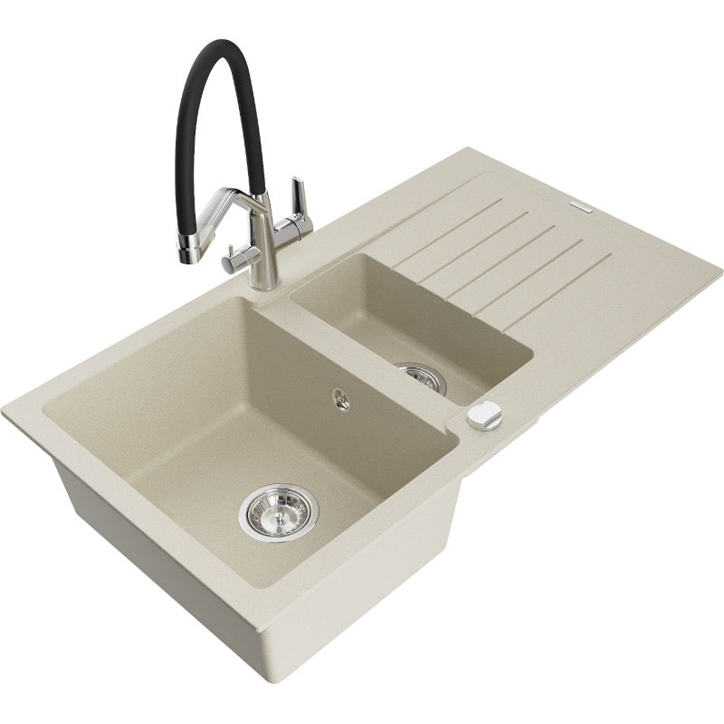 Zlewozmywak granitowy 1.5-komorowy Mexen Matias z ociekaczem i baterią kuchenną Duo beżowy 6502-69-671701-07
