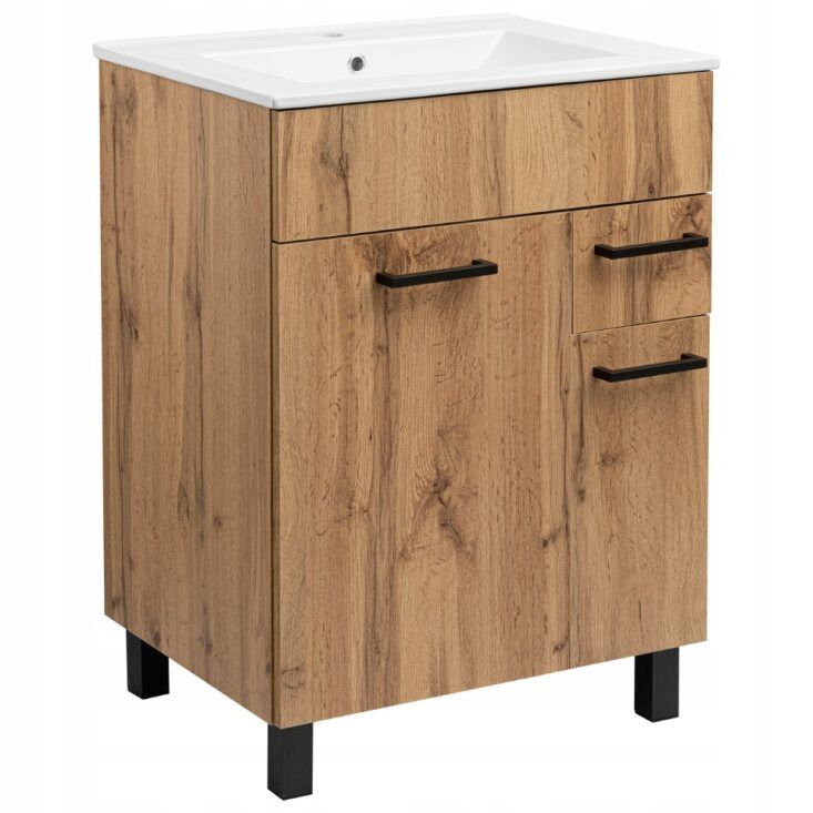 Szafka do Łazienki Stamar z Umywalką Stojąca 600 x 470 mm Dąb Wotan Nóżki Czarne 1 szt