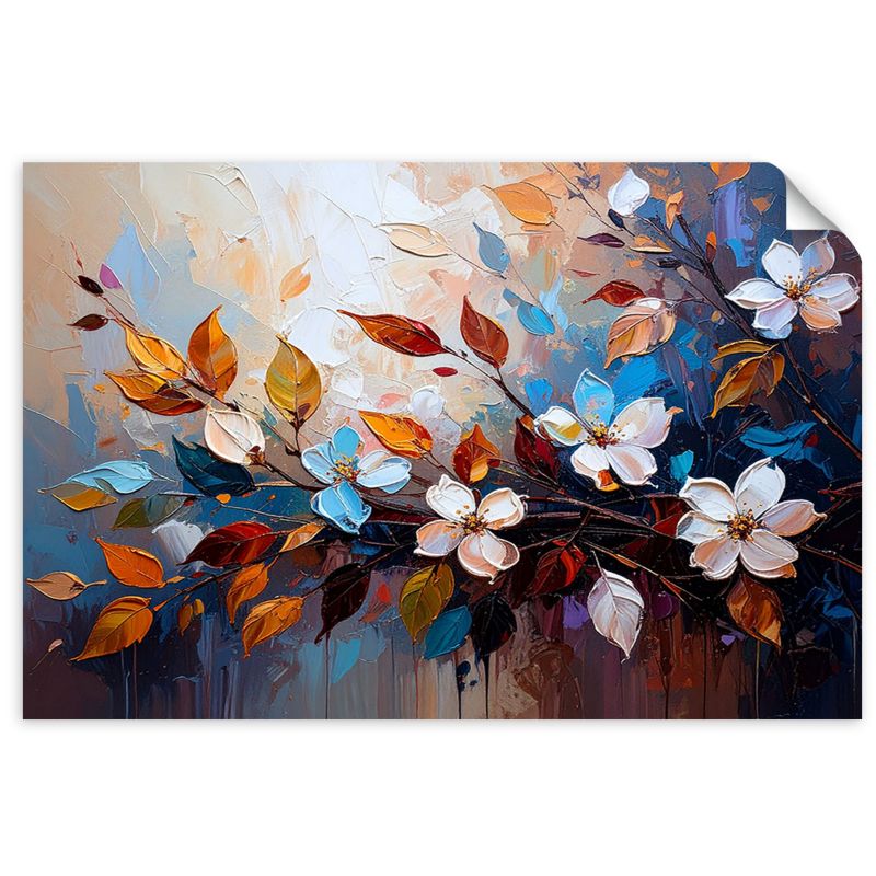 Plakaty samoprzylepne do salonu sypialni Feeby Kolorowe Liście Kwiaty imitacja farby olejnej 90x60cm 1szt