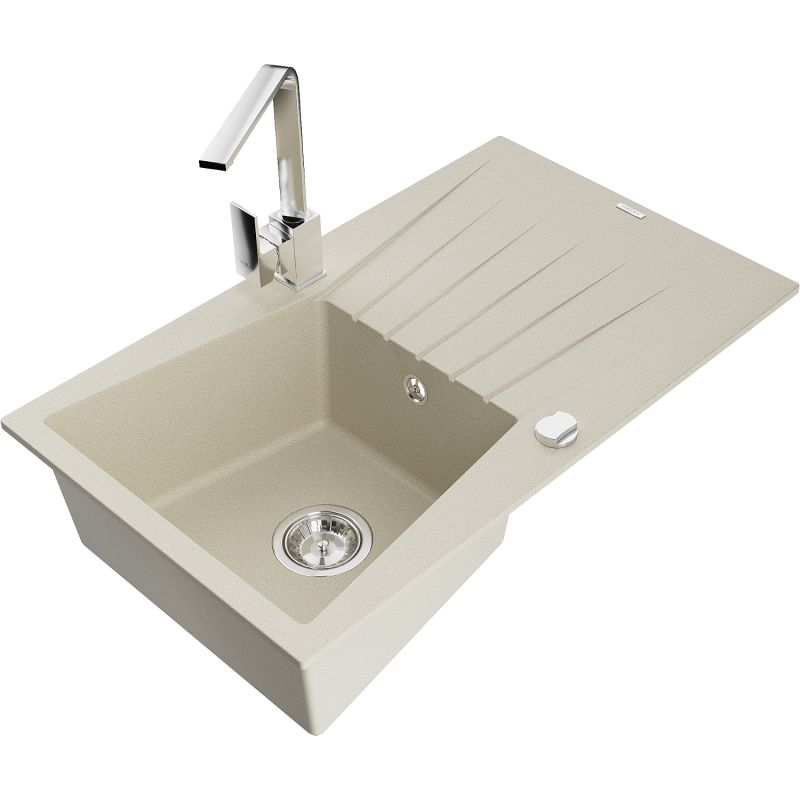 Zlewozmywak granitowy 1-komorowy Mexen Cesar z ociekaczem i baterią kuchenną Rita beżowy 6514-69-670300-00