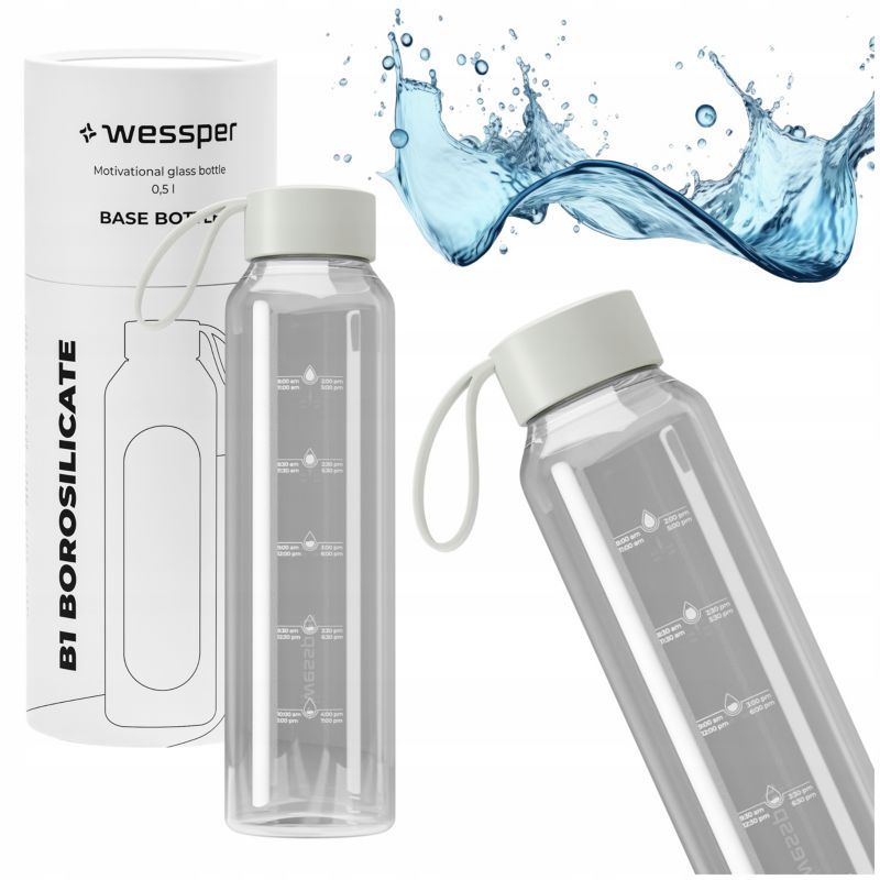 Butelka na wodę, Wessper B1, motywacyjna, z miarką, z etui, szkło borokrzemowe, bidon, 500ml,szara, 1szt