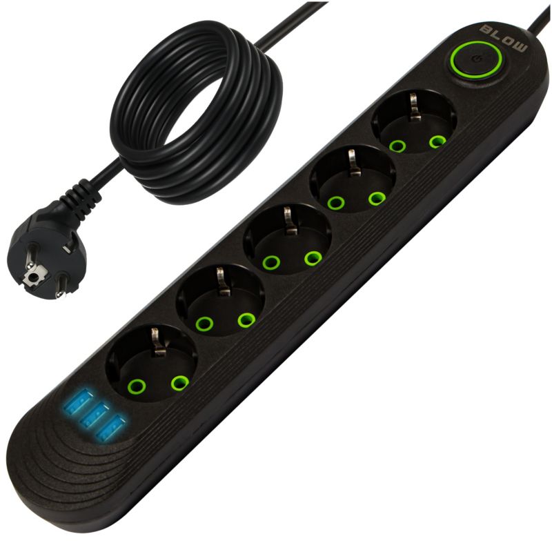 Przedłużacz BLOW listwa zasilająca włącznik 3x USB 5 gniazd 5m uziemienie czarny 1 szt.