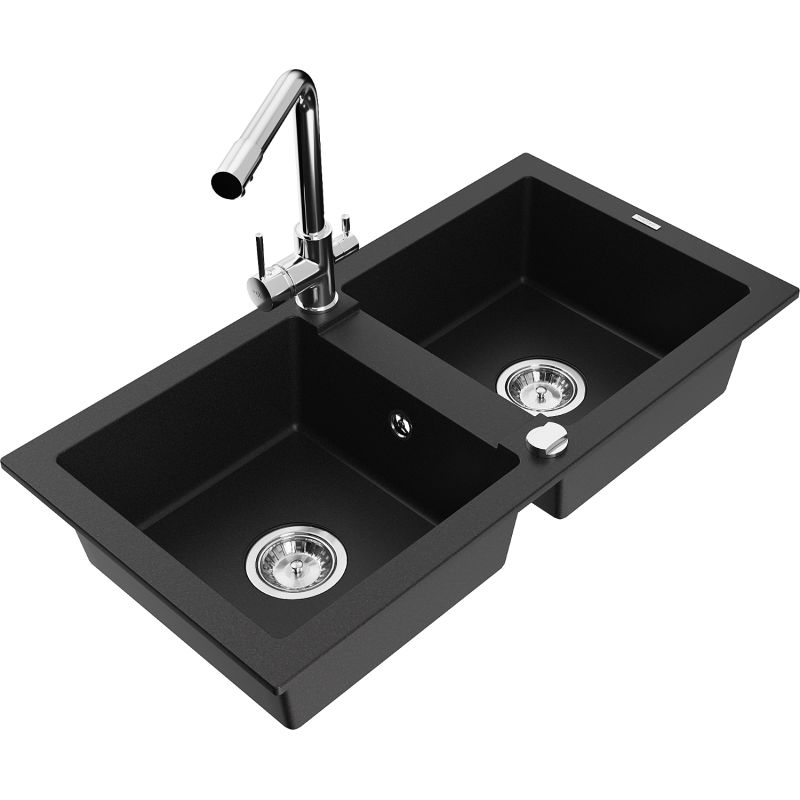 Zlewozmywak granitowy 2-komorowy Mexen Mario z baterią kuchenną Duero czarny - 6504-77-671600-70 1 szt.