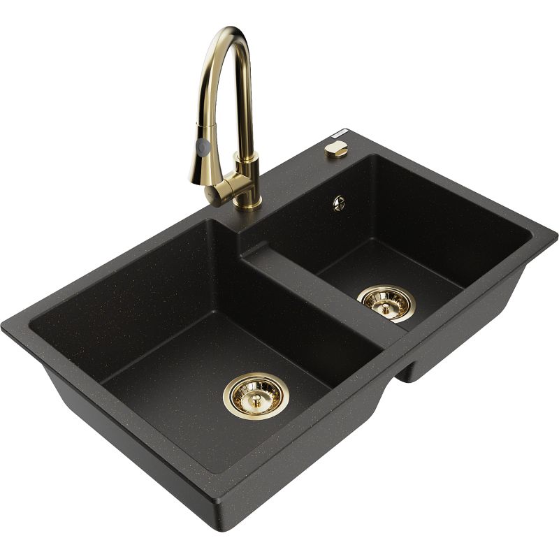 Zlewozmywak granitowy 2-komorowy Mexen Tomas z baterią kuchenną Elia czarny/złoty metalik 6516-75-670101-50