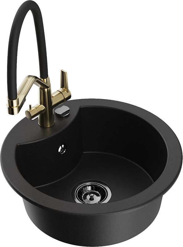 Zlewozmywak granitowy Mexen Diego 1-komorowy z baterią kuchenną Duo czarny 6512-77-671701-57-B