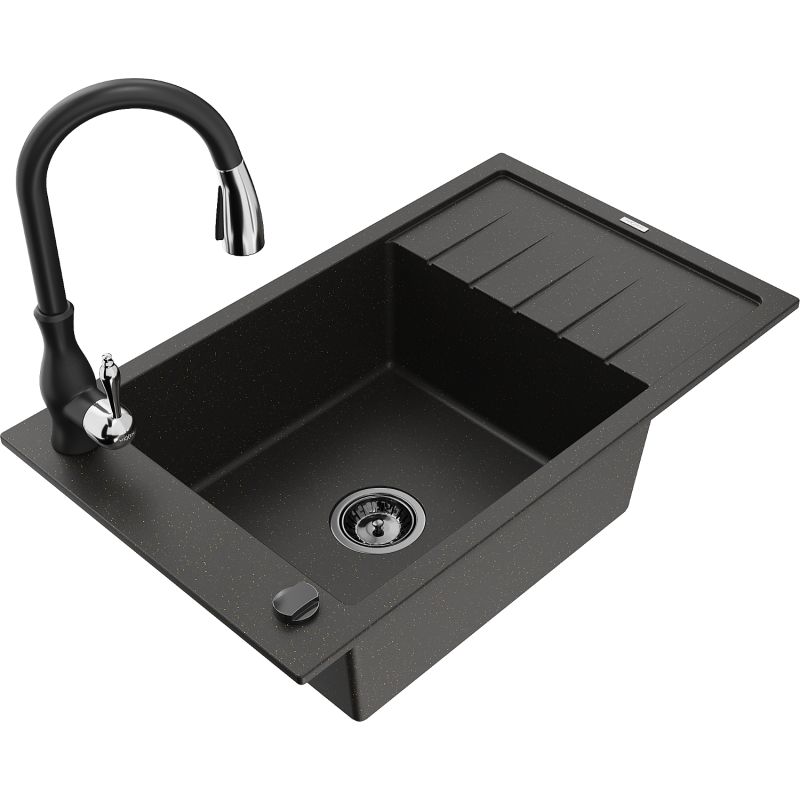 Zlewozmywak granitowy 1-komorowy Mexen Elias z ociekaczem i baterią kuchenną Savita czarny/złoty metalik 6511-75-672601-70-B