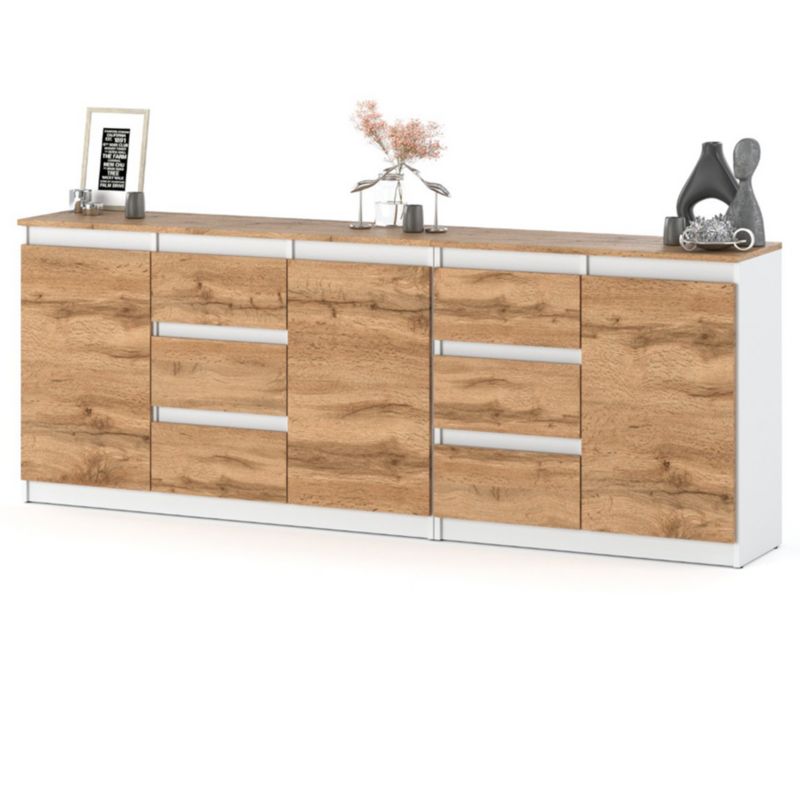 Komoda Hurtownia-Mebli Szuflady 6 Best Agnes Plus 200cm Biały Mat Dąb Wotan 200x35x75 cm 1szt.