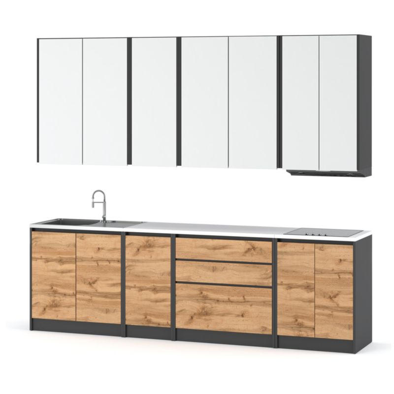 Zestaw Kuchenny Hurtownia-Mebli Z Blatem Kuchnia Bella 260cm Szary Mat Biały Mat/Dąb Wotan 260x47x185 cm 1szt.