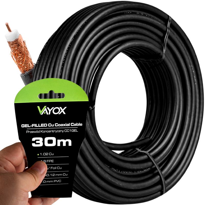 Kabel koncentryczny Vayox CC1-30GEL antenowy żelowany Cu 75 Ohm czarny 30m 1 szt.