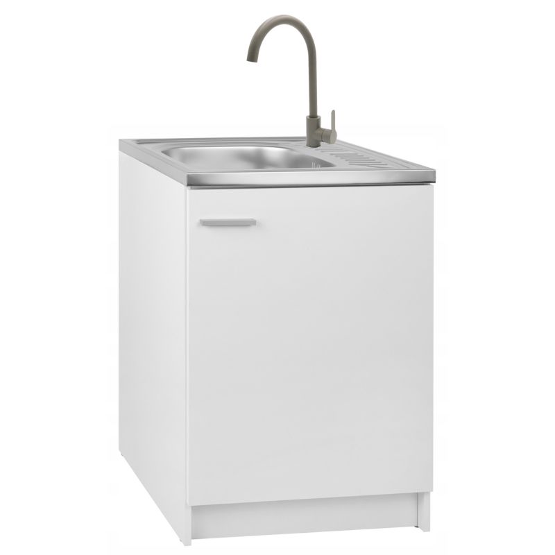 Biała Szafka Kuchenna 600x500 mm ze Zlewozmywakiem Bateria Oliwka Wysoka Syfon