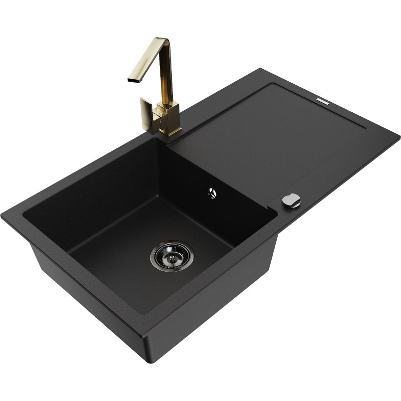 Zlewozmywak granitowy 1-komorowy Mexen Leo z ociekaczem i baterią kuchenną Rita czarny nakrapiany - 6501-76-670300-70-B 1 szt.