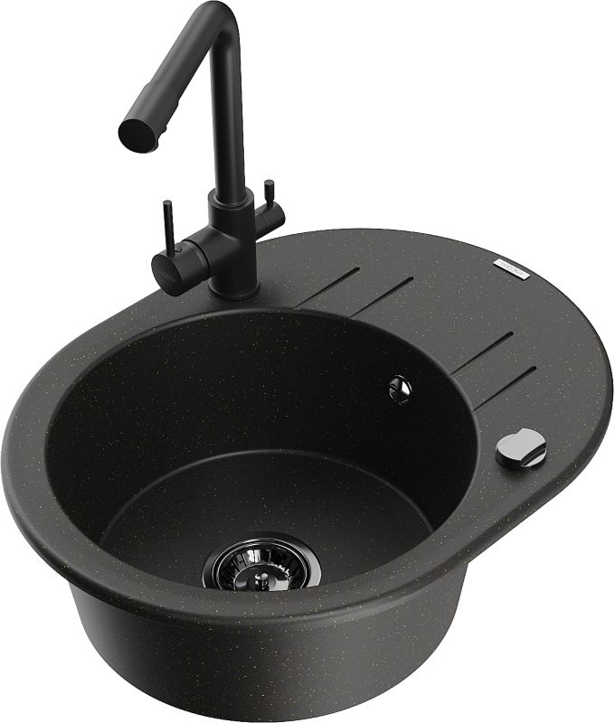 Zlewozmywak granitowy Mexen Kevin 1-komorowy z ociekaczem i baterią kuchenną Elia czarny - 6517-76-670101-76 1 szt.