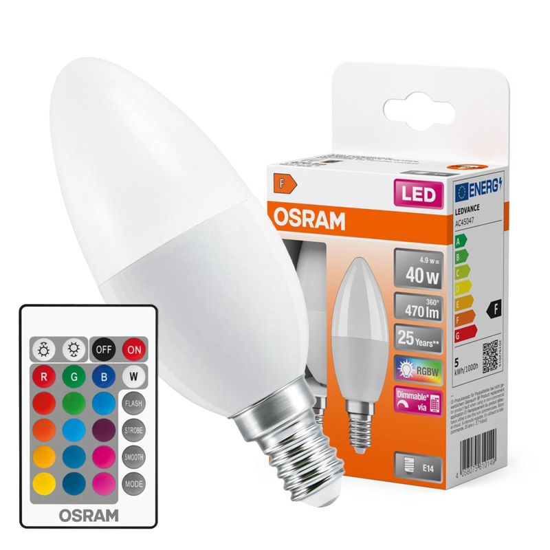 Żarówka LED Osram B37 Świeczka E14 4.9W 470lm 2700K RGBW 200st Ściemnialna Pilot Filament 2 szt.