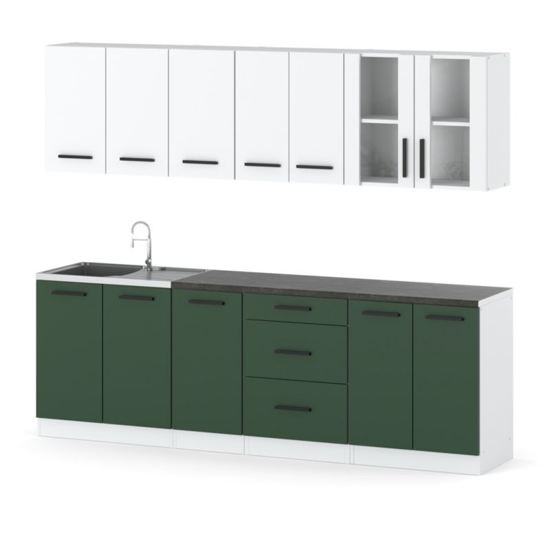Zestaw Kuchenny Hurtownia-Mebli Z Blatem Kuchnia Remino 260cm Biały Mat Biały Mat/Butelkowa Zieleń 260x47x145 cm 1szt.