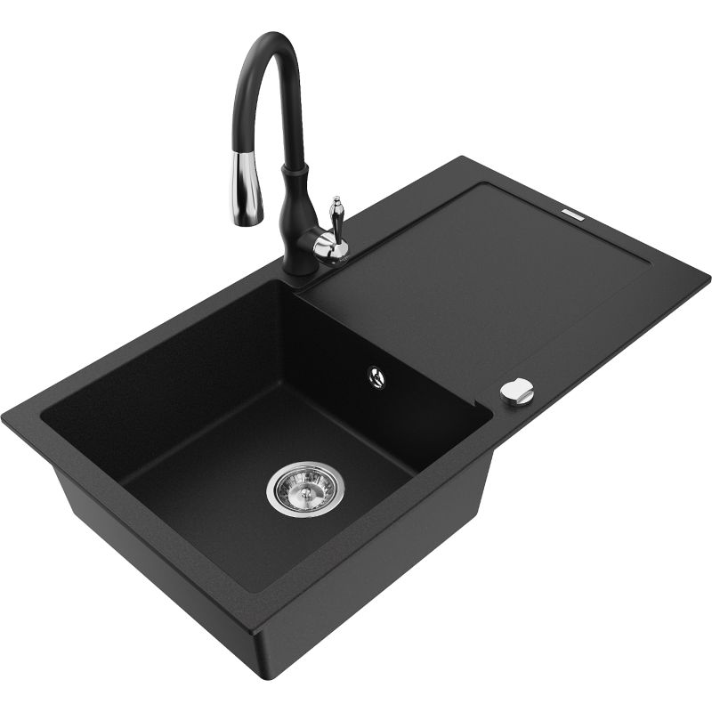 Zlewozmywak granitowy 1-komorowy Mexen Leo z ociekaczem i baterią kuchenną Savita czarny nakrapiany - 6501-76-672601-00 1 szt.