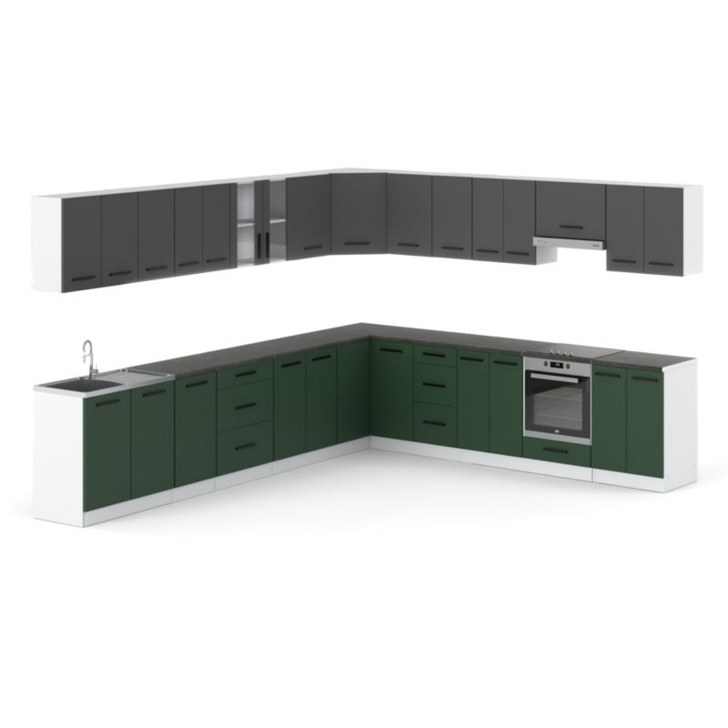 Zestaw Kuchenny Hurtownia-Mebli Z Blatem Kuchnia narożna Rossa 680cm Biały Mat Szary Mat/Butelkowa Zieleń 680x47x145 cm 1szt.