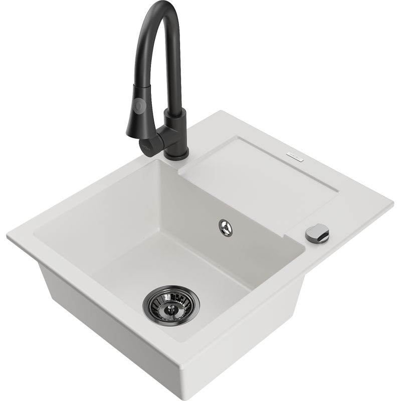 Zlewozmywak granitowy 1-komorowy Mexen Enzo z ociekaczem i baterią kuchenną Elia czarny - 6506-77-670101-70-B 1 szt.