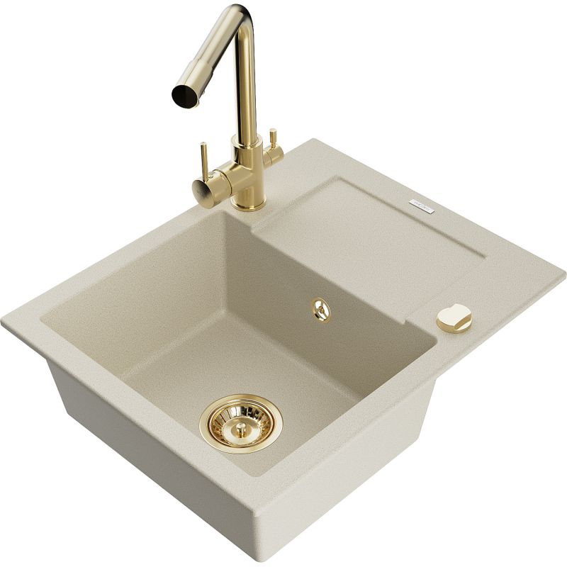 Zlewozmywak granitowy 1-komorowy Mexen Enzo z ociekaczem i baterią kuchenną Duero biały - 6506-20-671600-70 1 szt.