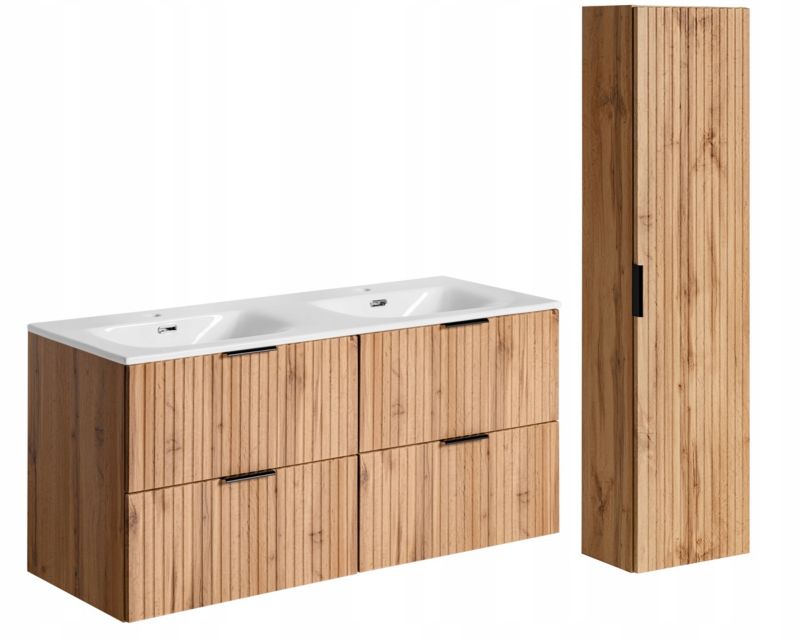 Szafka pod umywalkę i słupek Furnidea 120 cm + 140 cm dąb Wotan ryflowany z umywalką Adel zestaw