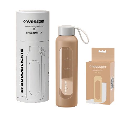 Butelka na wodę, Wessper B1, motywacyjna, z miarką, z etui, szkło borokrzemowe, bidon, 500ml, beżowa, 1szt