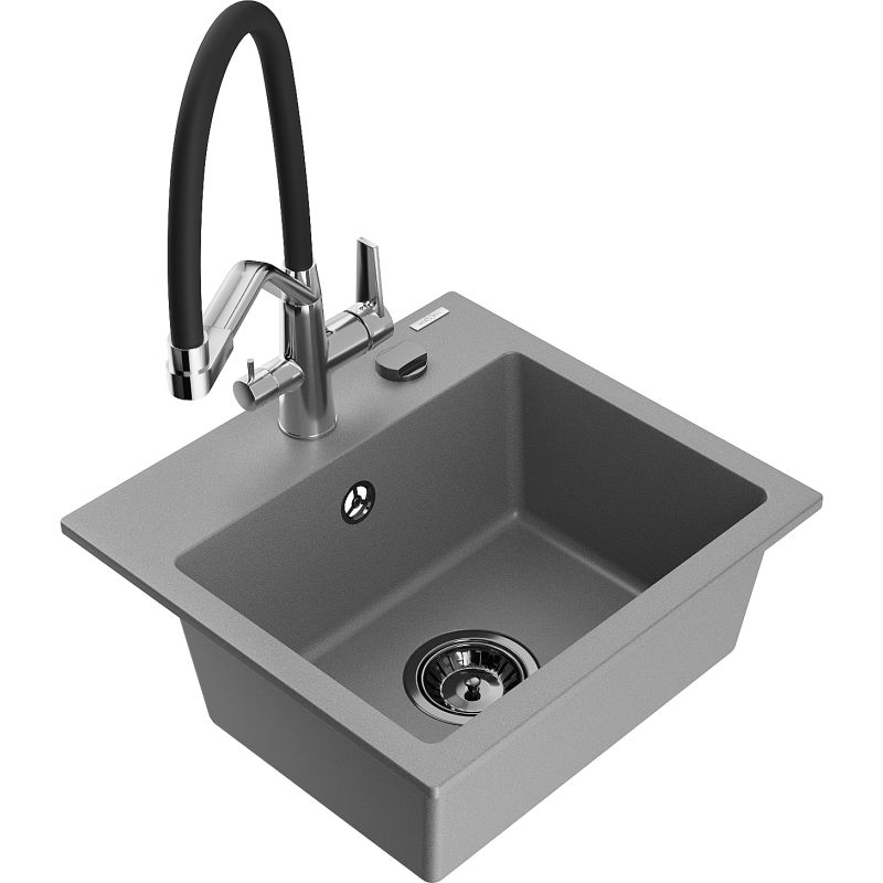Zlewozmywak granitowy 1-komorowy Mexen Milo z baterią kuchenną Duo szary 6505-71-671701-07-B