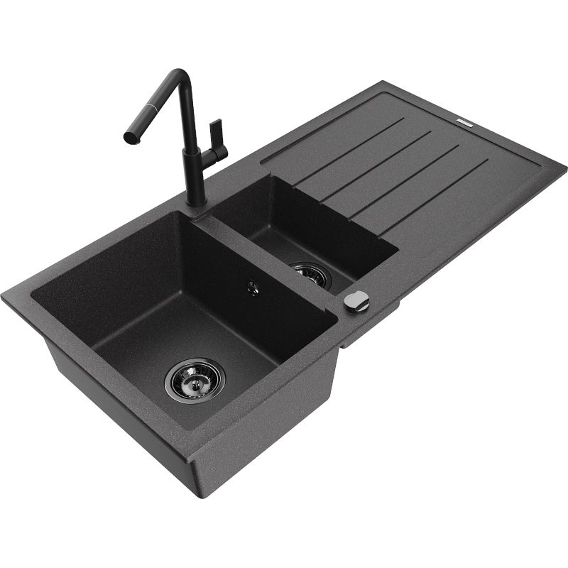 Zlewozmywak granitowy 1.5-komorowy Mexen Andres z ociekaczem i baterią kuchenną Flora czarny nakrapiany 6515-76-670401-70-B