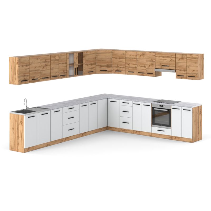 Zestaw Kuchenny Hurtownia-Mebli Z Blatem Kuchnia narożna Rossa 680cm Dąb Wotan Dąb Wotan/Biały Mat 680x47x145 cm 1szt.