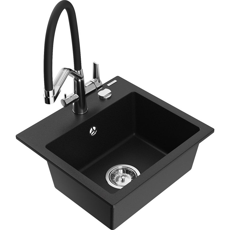 Zlewozmywak granitowy 1-komorowy Mexen Milo z baterią kuchenną Duo czarny - 6505-77-671701-70-B 1 szt.