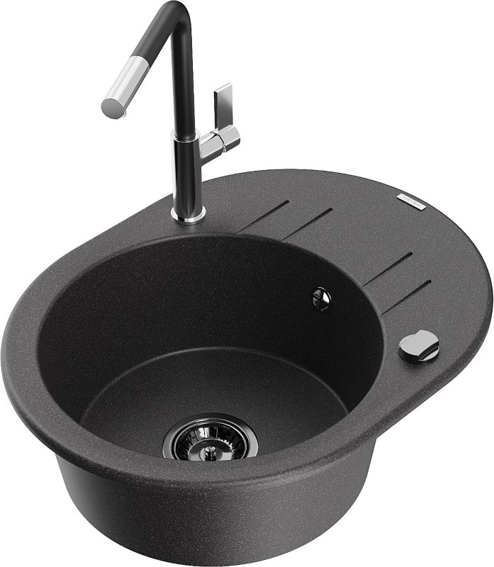 Zlewozmywak granitowy Mexen Kevin 1-komorowy z ociekaczem i baterią kuchenną Flora czarny 6517-76-670401-07-B