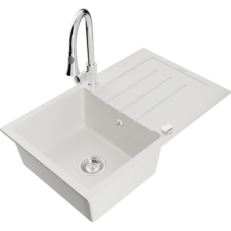 Zlewozmywak granitowy 1-komorowy Mexen Bruno z ociekaczem i baterią kuchenną Elia biały 6513-20-670101-00