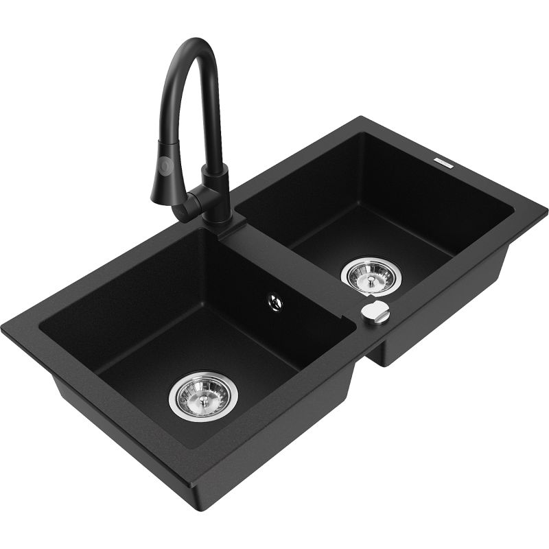 Zlewozmywak granitowy 2-komorowy Mexen Mario z baterią kuchenną Elia czarny nakrapiany - 6504-76-670101-76 1 szt.