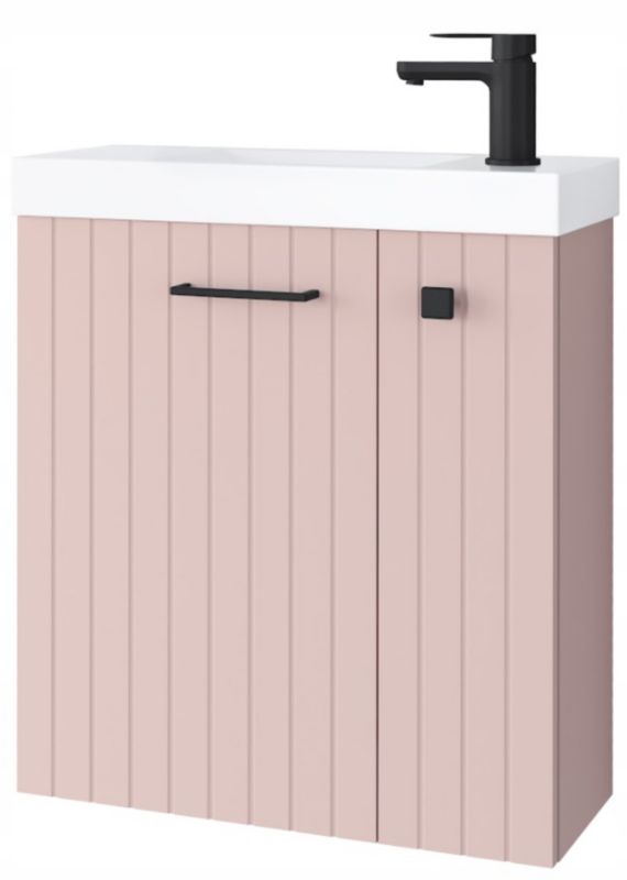 Szafka łazienkowa Furnidea 55 cm z umywalką pudrowy róż czarny uchwyt Nook 1 szt.