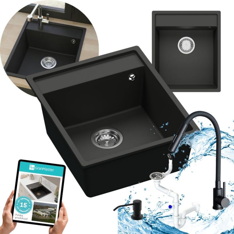 Zestaw zlewozmywak kuchenny GranMaster Magma 1-komorowy z baterią kuchenną, syfonem i dozownikiem płynu, czarny metalik 1szt.