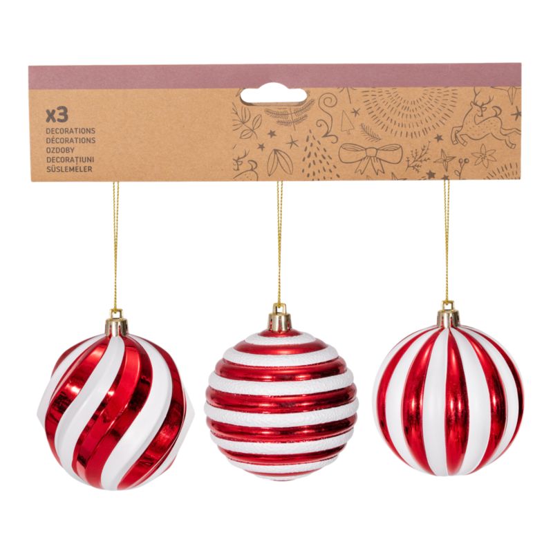 Bombki 8 cm paski biało-czerwone 3 sztuki